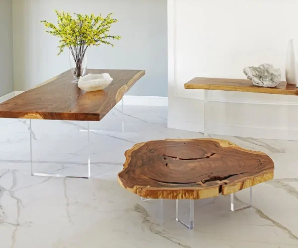 Mesas flotantes de metacrilato para interiores Mesa flotante de metacrilato en interior comercial