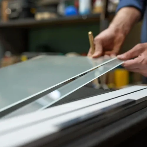 Trabajador cortando metacrilato en taller